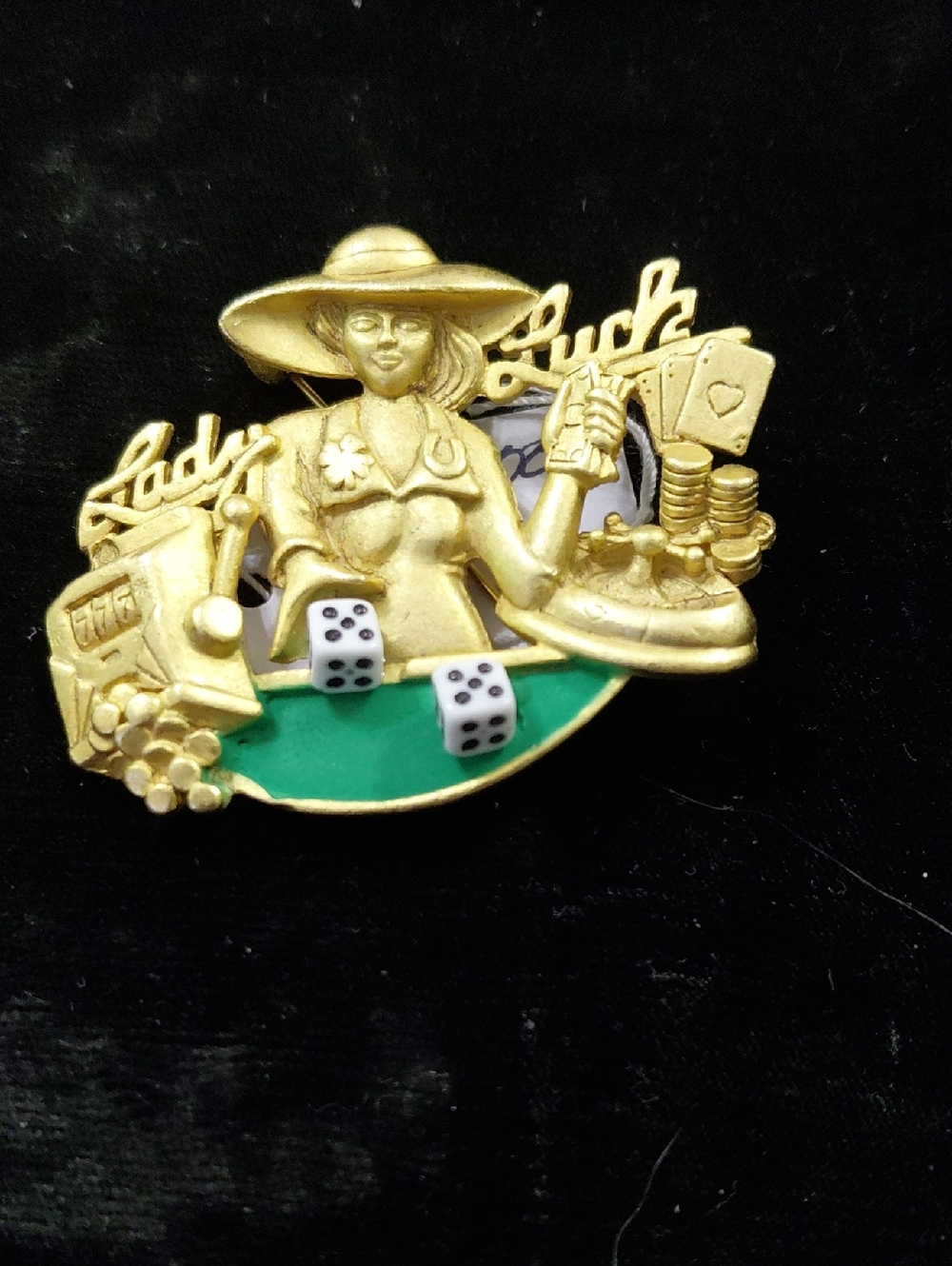 Vintage Gold Casino Lady Brooch with Green Table and Dice